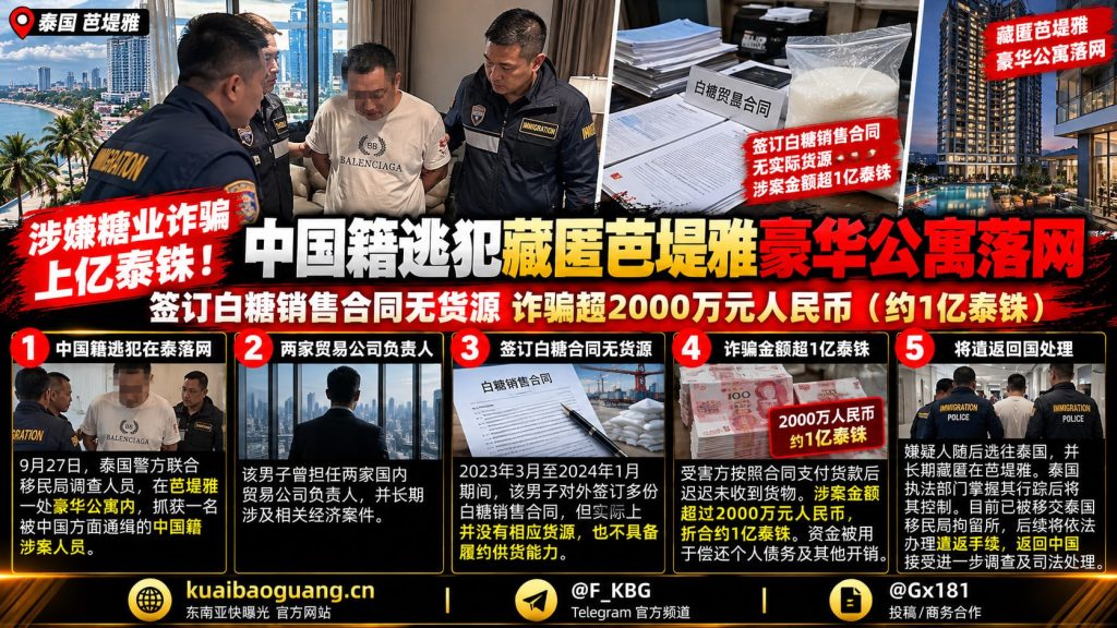 泰国资讯｜涉糖业诈骗超亿元，中国籍逃犯藏匿芭堤雅豪华公寓落网