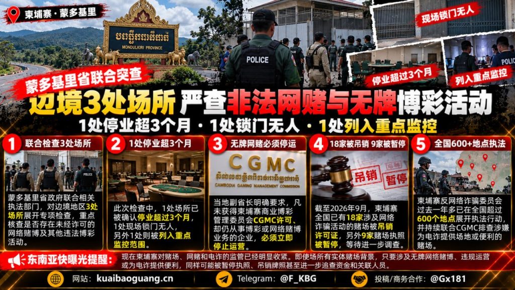 柬埔寨｜蒙多基里省突查边境非法网络赌博场所并责令停业