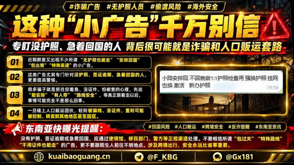 东南亚｜警惕无护照人员遭诈骗与人口贩运风险，切勿轻信非法回国广告