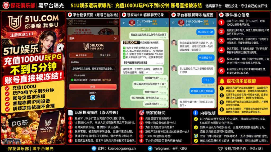 51U娱乐平台｜网友反映充值千元玩PG不到五分钟遭冻结，客服称同IP同设备