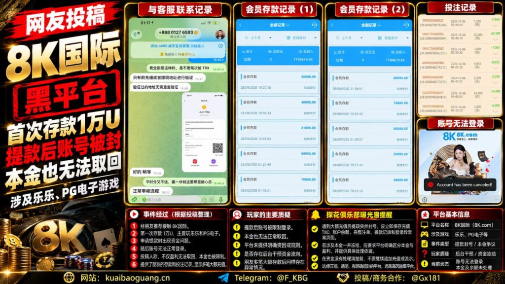 8K国际平台｜多名用户反映提现被拒与账号封禁，疑似遭遇资金风险