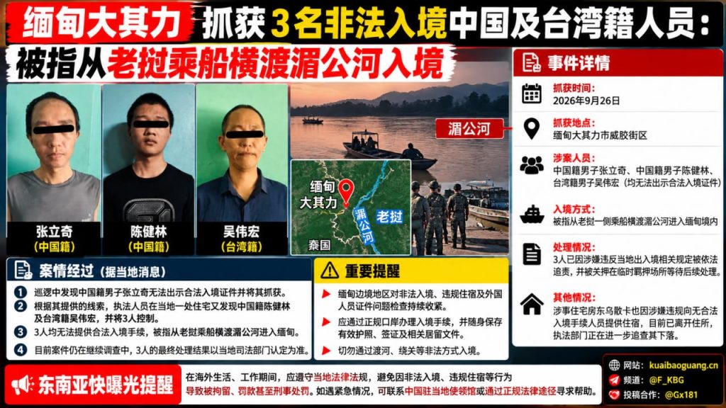 缅甸资讯｜大其力抓获3名非法入境中国及台湾籍人员