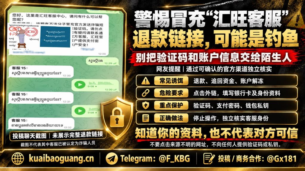 网络安全资讯｜警惕汇旺退款新骗局，冒充客服诱导点击钓鱼网站
