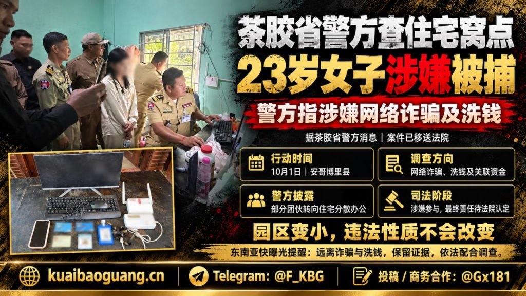 柬埔寨资讯｜茶胶省警方捣毁网络诈骗窝点，抓获一名涉案女子