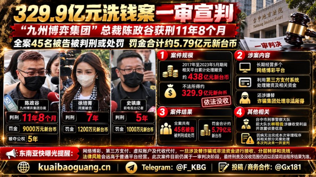 台湾资讯｜九州博弈集团洗钱案一审宣判，总裁陈政谷获刑11年8个月