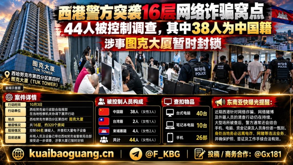 柬埔寨资讯｜西港警方突击图克大厦，查获多名涉案人员