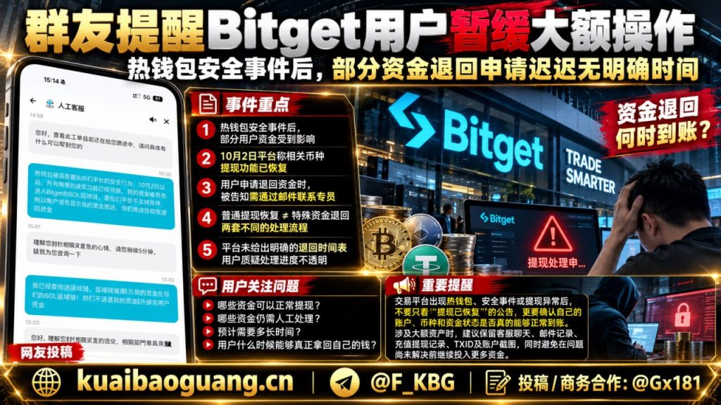 海外资讯｜Bitget用户反馈提现与资金退回存滞后，群友提醒暂缓大额操作