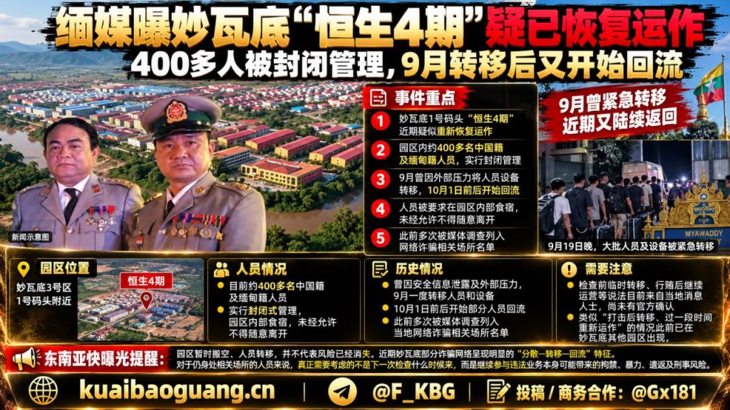 缅甸资讯｜妙瓦底恒生4期疑似恢复运作，四百多人处于封闭管理中