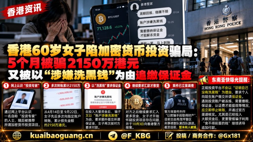 香港｜女子遭加密货币投资诈骗损失2150万港元并被迫缴保证金