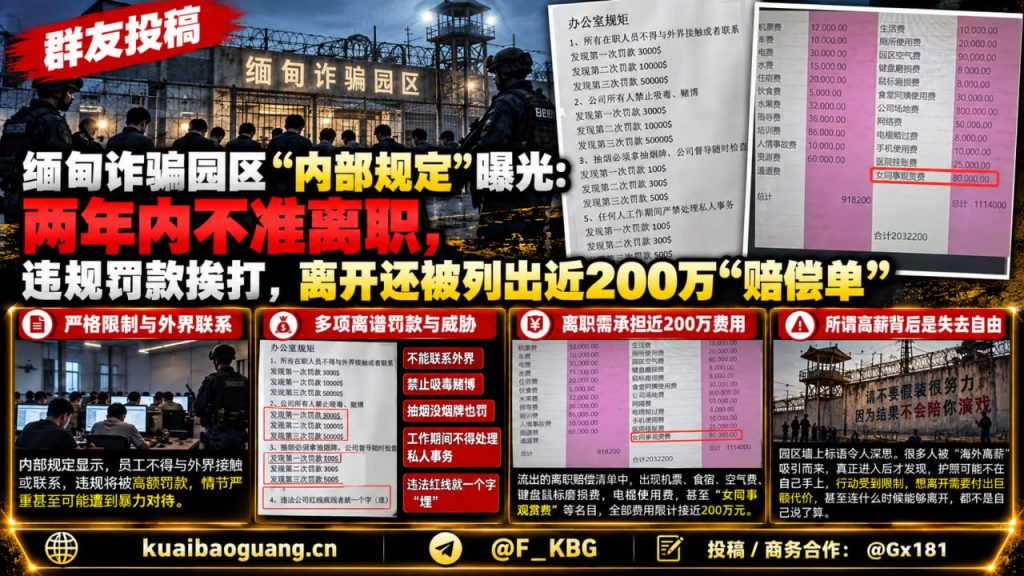 缅甸｜诈骗园区内部规定曝光：两年禁离职高额赔偿近200万