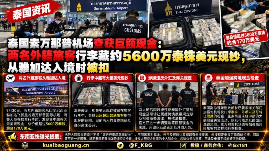 泰国资讯｜素万那普机场查获巨额现钞，两名外籍旅客藏美元被扣