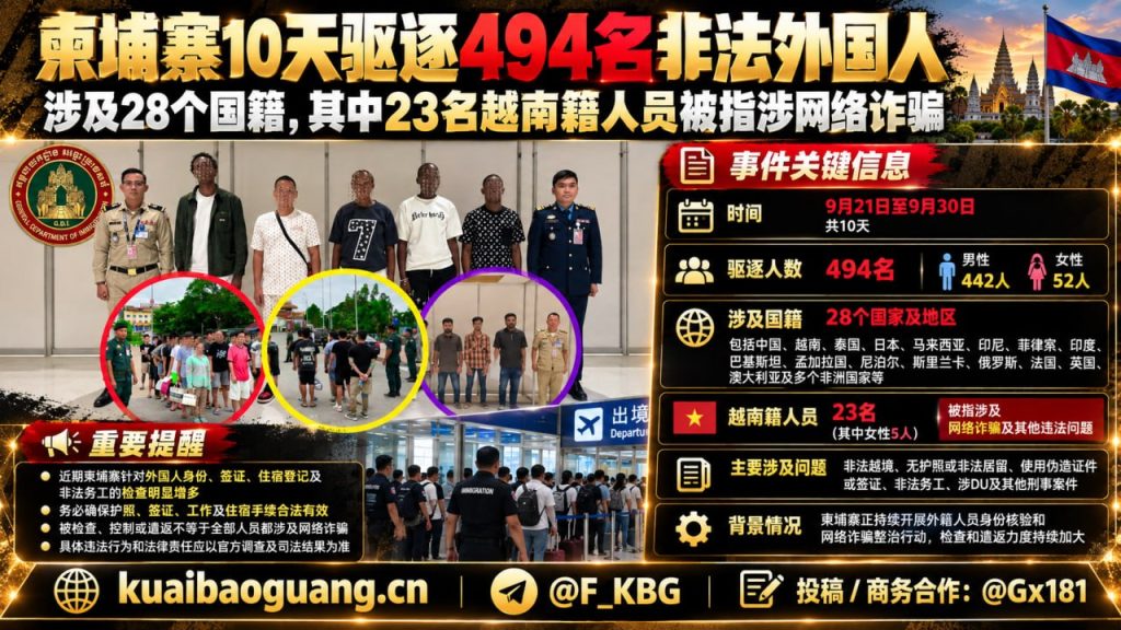 柬埔寨资讯｜10天驱逐494名非法外国人 涉及28国 23越南人涉网诈