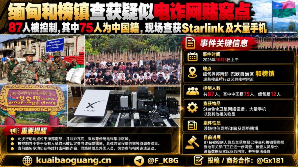 缅甸｜和榜镇查获87人疑似网络诈骗窝点，75名中国籍被控制