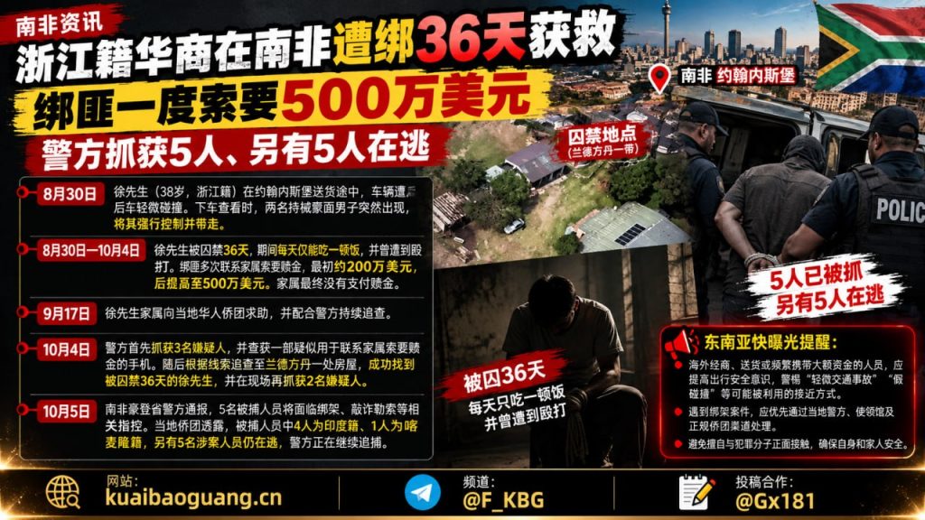 南非资讯｜浙江籍华商约翰内斯堡遭绑架36天后获救，警方抓获5人