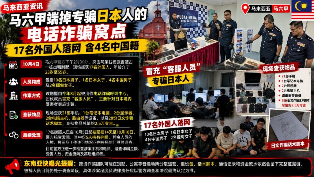 马来西亚｜马六甲端掉跨国电话诈骗窝点 17名外国人被捕