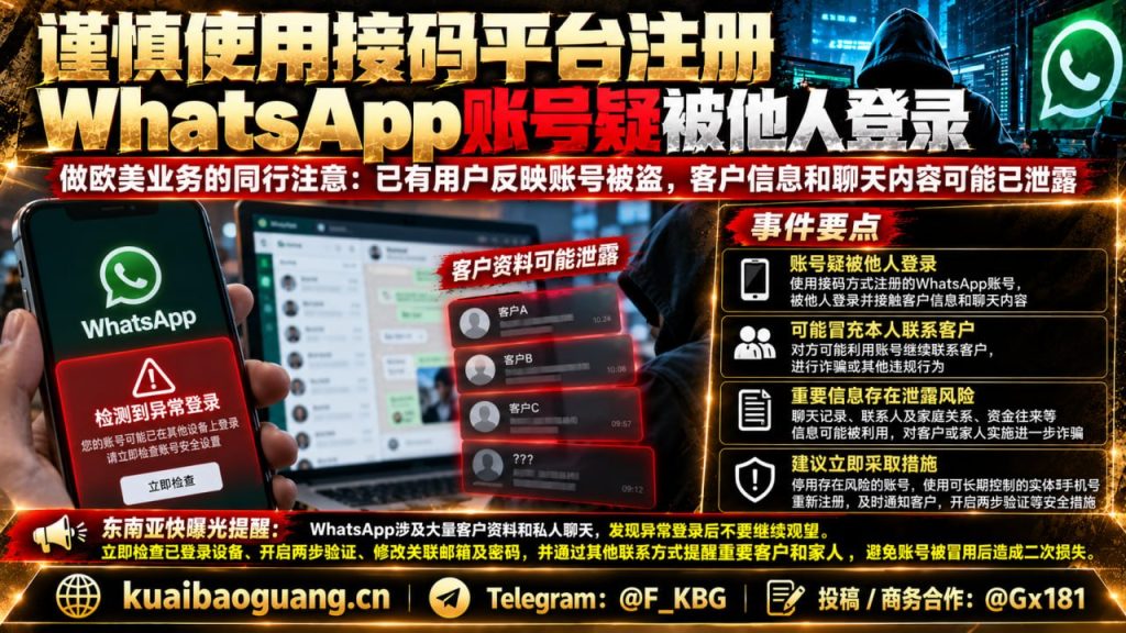 全球｜WhatsApp账号疑似被他人登录导致客户信息泄露风险