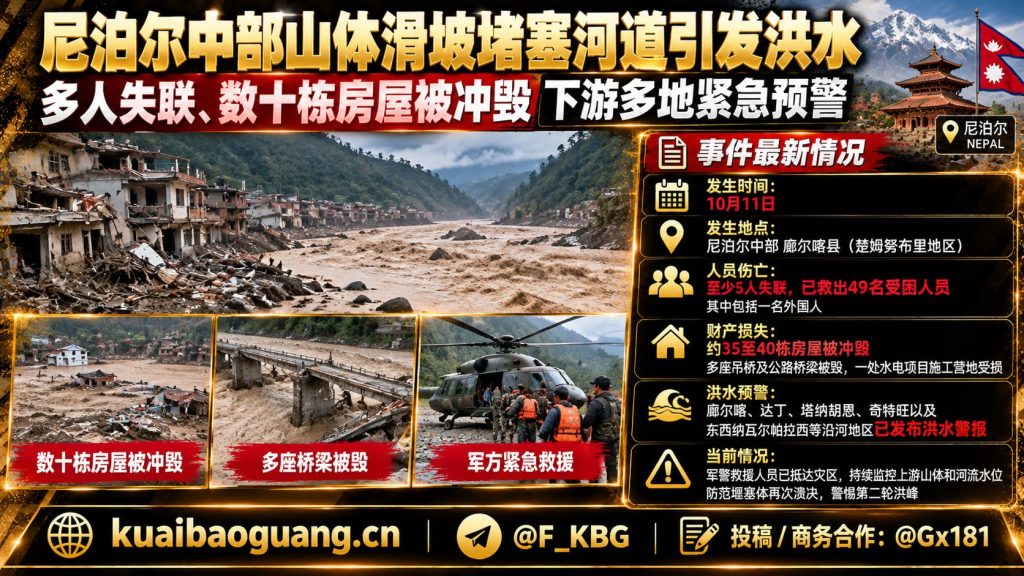 尼泊尔｜中部廓尔喀县山体滑坡堵河致洪水，至少5人失联